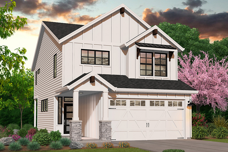 Rendering for the Farmhouse elevation for the Chandler new home floor plan