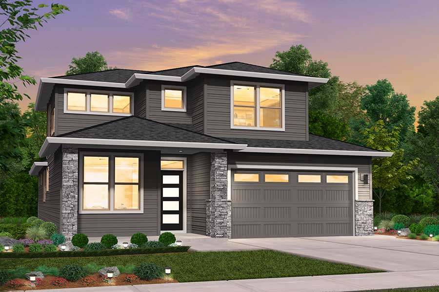 Rendering of Prairie elevation for Woodbury Custom home plan