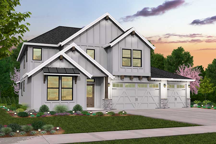 Rendering of Farmhouse elevation for Hanover custom home plan