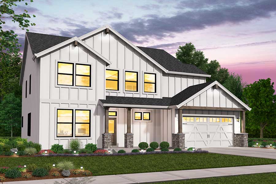 Rendering for the Farmhouse elevation for the Alden custom home plan