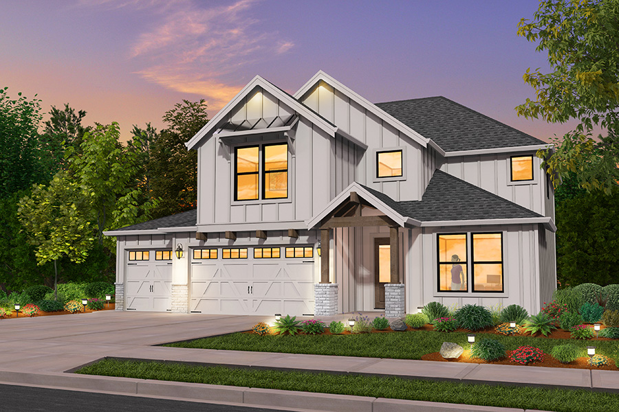 Rendering of the Farmhouse elevation for the Clearwater custom home plan