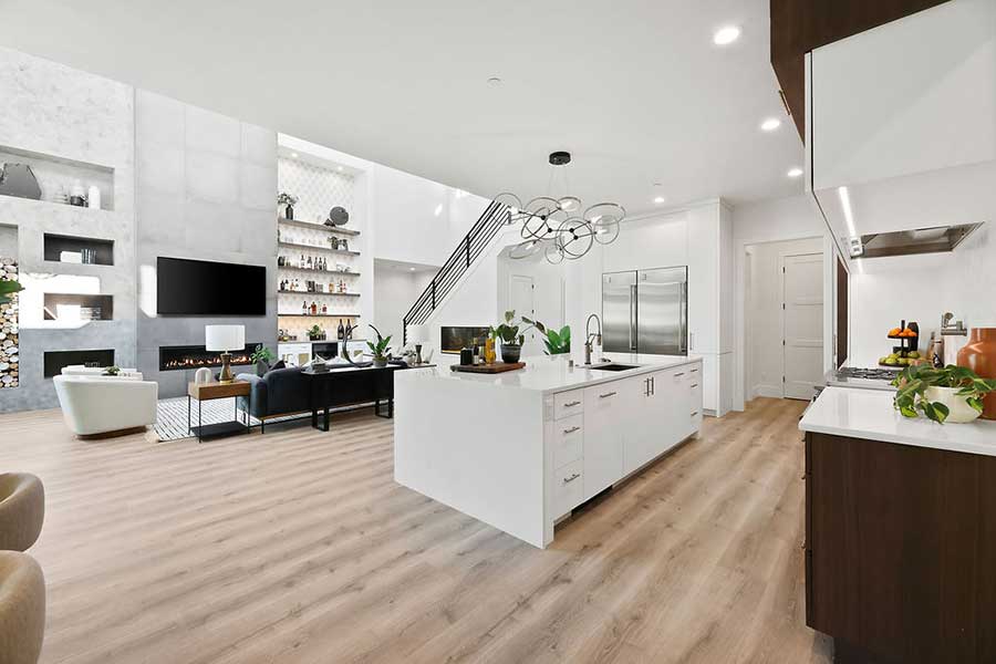 Fusion Oasis Custom Home Kitchen Island and Living Room